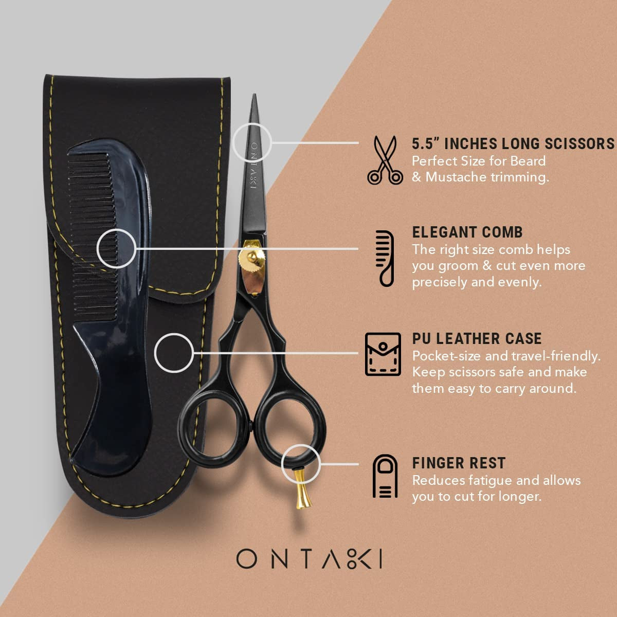 5.5" Professional Japanese Steel Beard Scissor - Salon Shears Hand Forged Barber Scissors - Beard Scissors for Men - Trimming Scissors for Beards, Mustache, Bangs, Hair & Pets (Gold & Black)