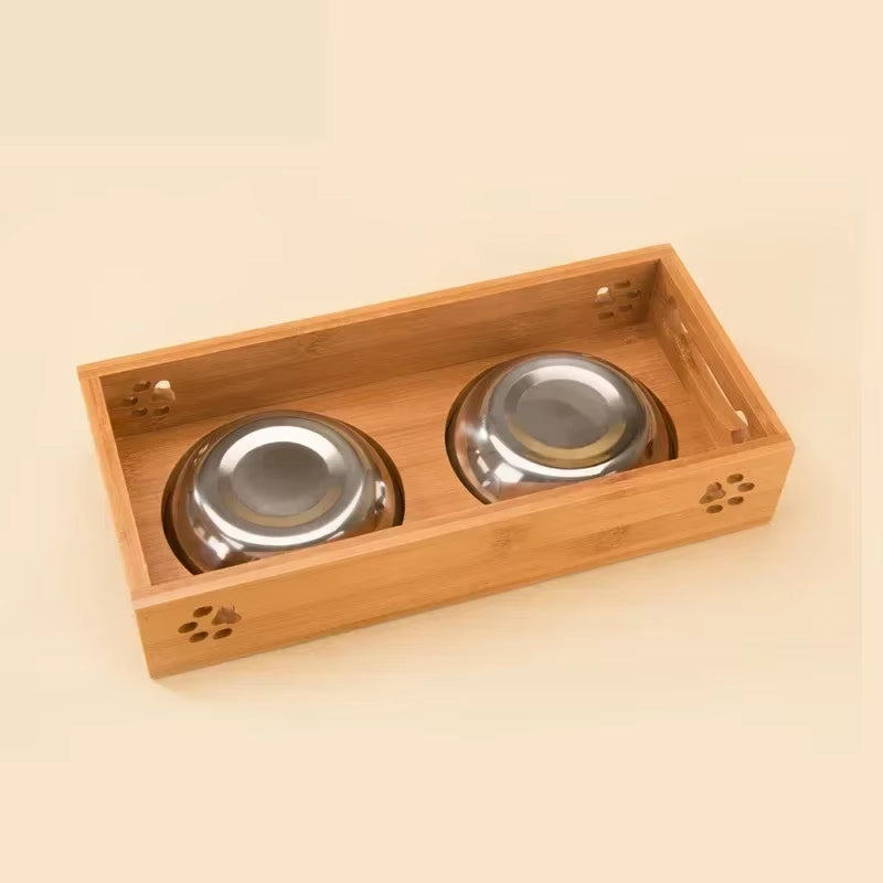 Pet Dog Cat Bowl Ceramic Bowl Bamboo Wooden Table into a Kitten Skid Resistant Double Bowl Small Dog Food Bowl