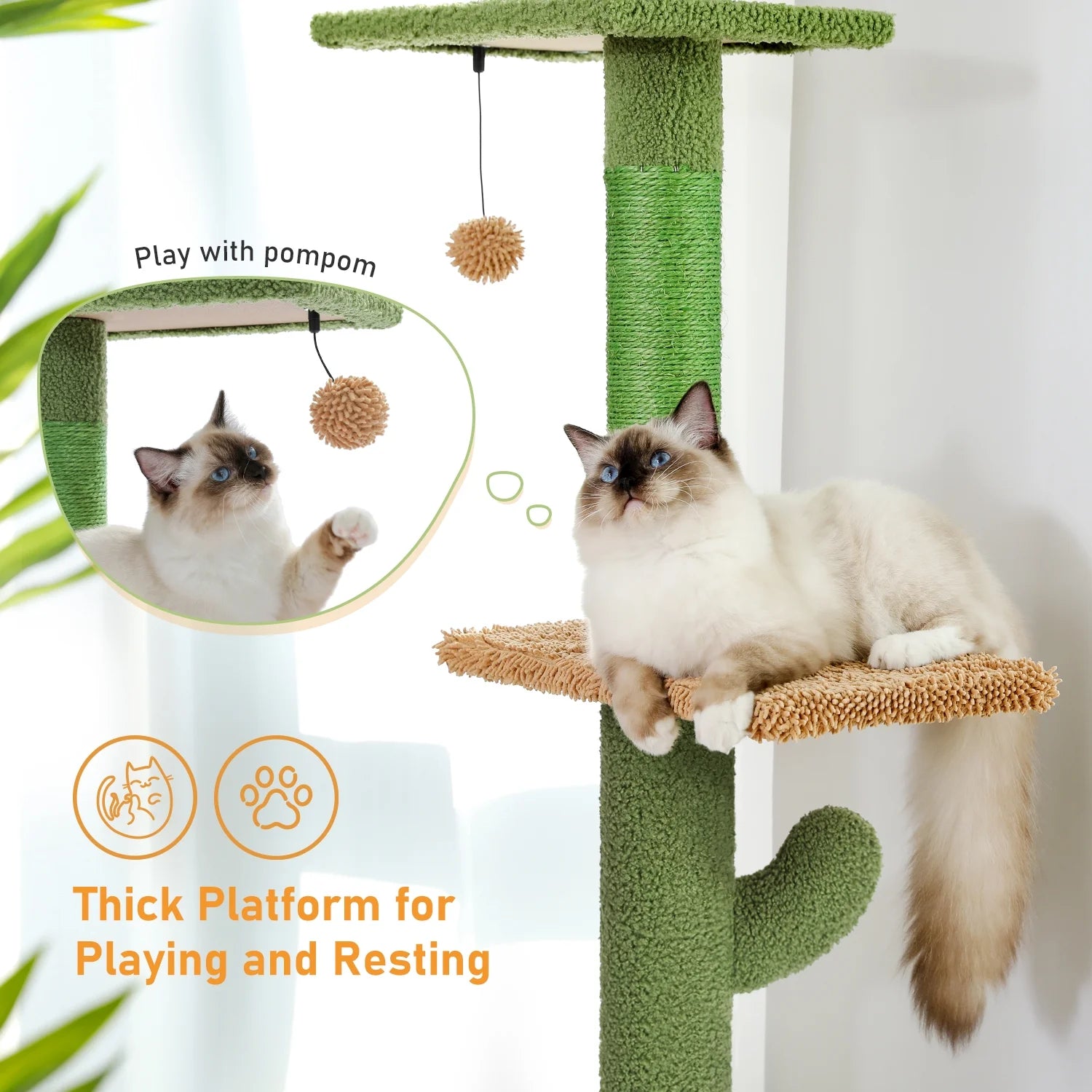 Tall Cat Tree Cactus Floor to Ceiling Cat Tower 95-108" Sisal Scratching Post for Indoor Cats