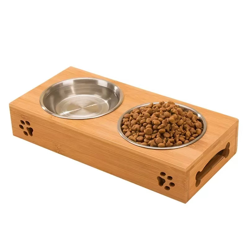 Pet Dog Cat Bowl Ceramic Bowl Bamboo Wooden Table into a Kitten Skid Resistant Double Bowl Small Dog Food Bowl