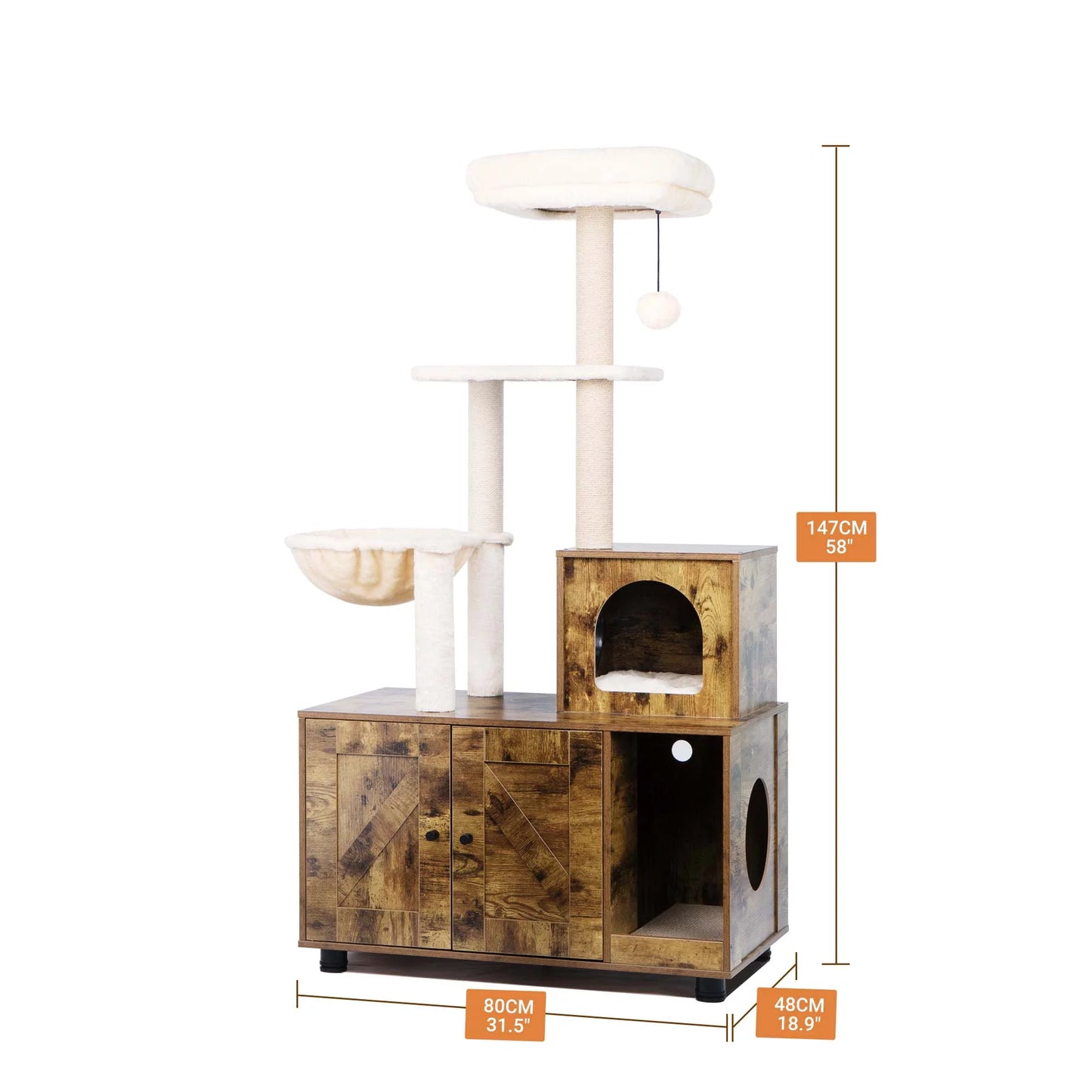 58" 5-Tier Cat Tree, Cat Litter Box Enclosure, Cat Scratching Post, Brown, 31.5X18.9X58"