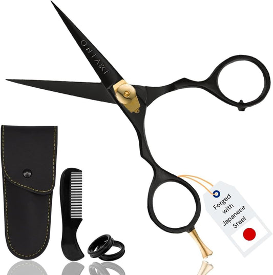 5.5" Professional Japanese Steel Beard Scissor - Salon Shears Hand Forged Barber Scissors - Beard Scissors for Men - Trimming Scissors for Beards, Mustache, Bangs, Hair & Pets (Gold & Black)