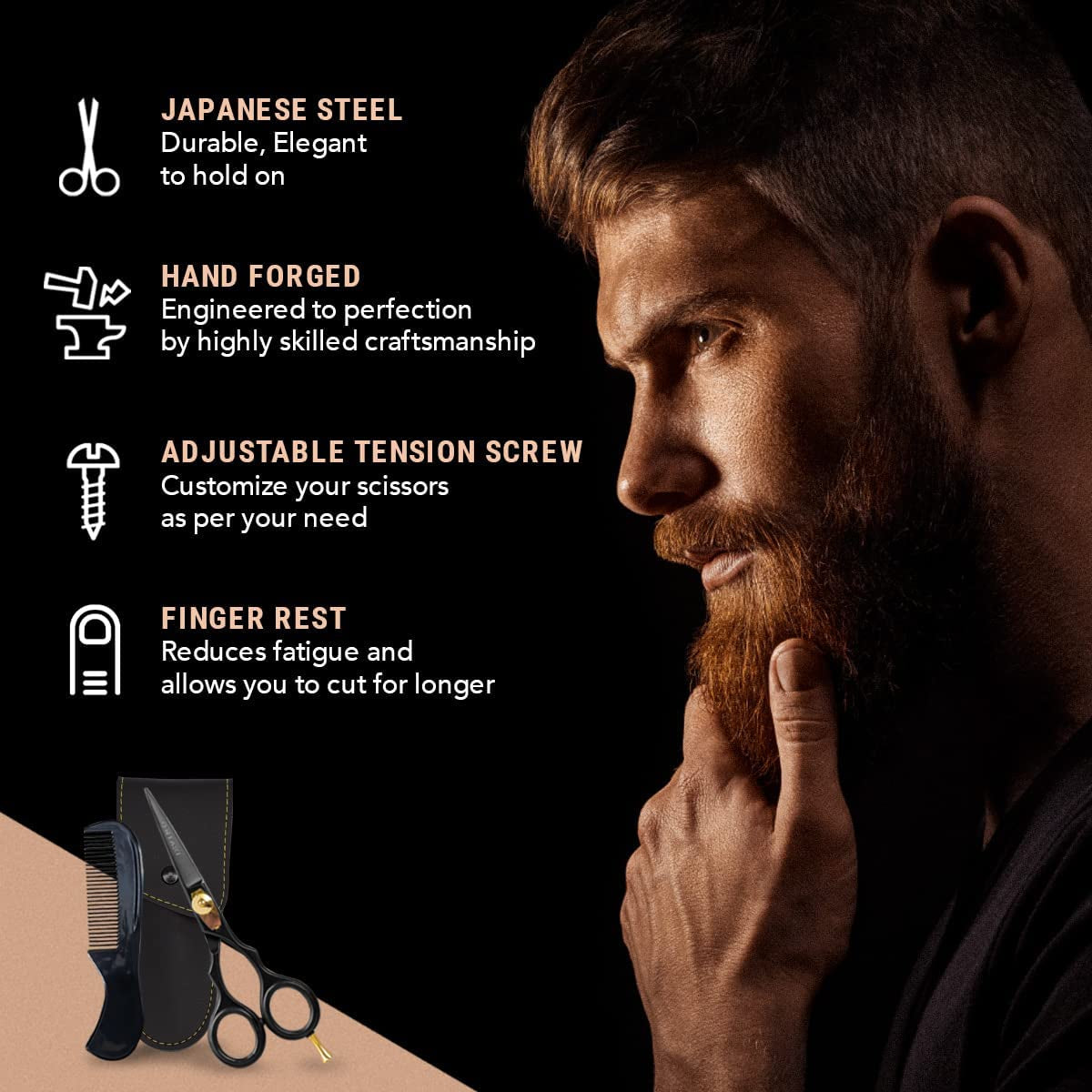 5.5" Professional Japanese Steel Beard Scissor - Salon Shears Hand Forged Barber Scissors - Beard Scissors for Men - Trimming Scissors for Beards, Mustache, Bangs, Hair & Pets (Gold & Black)